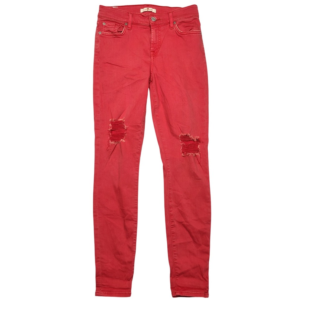 7 For All Mankind Skinny Jeans Womens 25 Distressed Red Solid